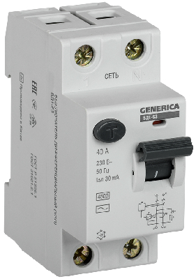 Выключатель дифференциального тока (УЗО) ВД1-63 2Р 40А 30мА GENERICA